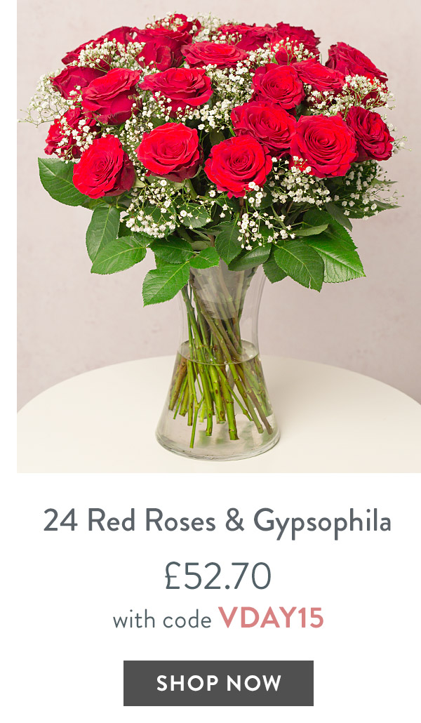 24 Red Roses and Gypsophilia - only &pound;52.70 with code