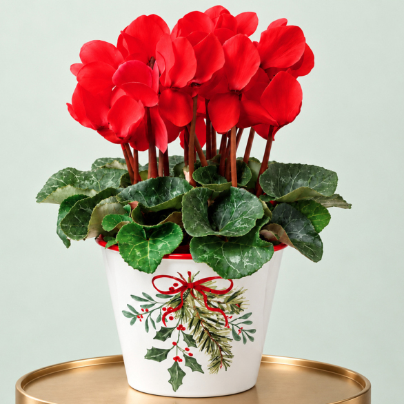 Image of Red Cyclamen in Mistletoe Pot