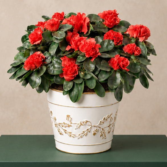 Image of Red Azalea in Cream Zinc Pot