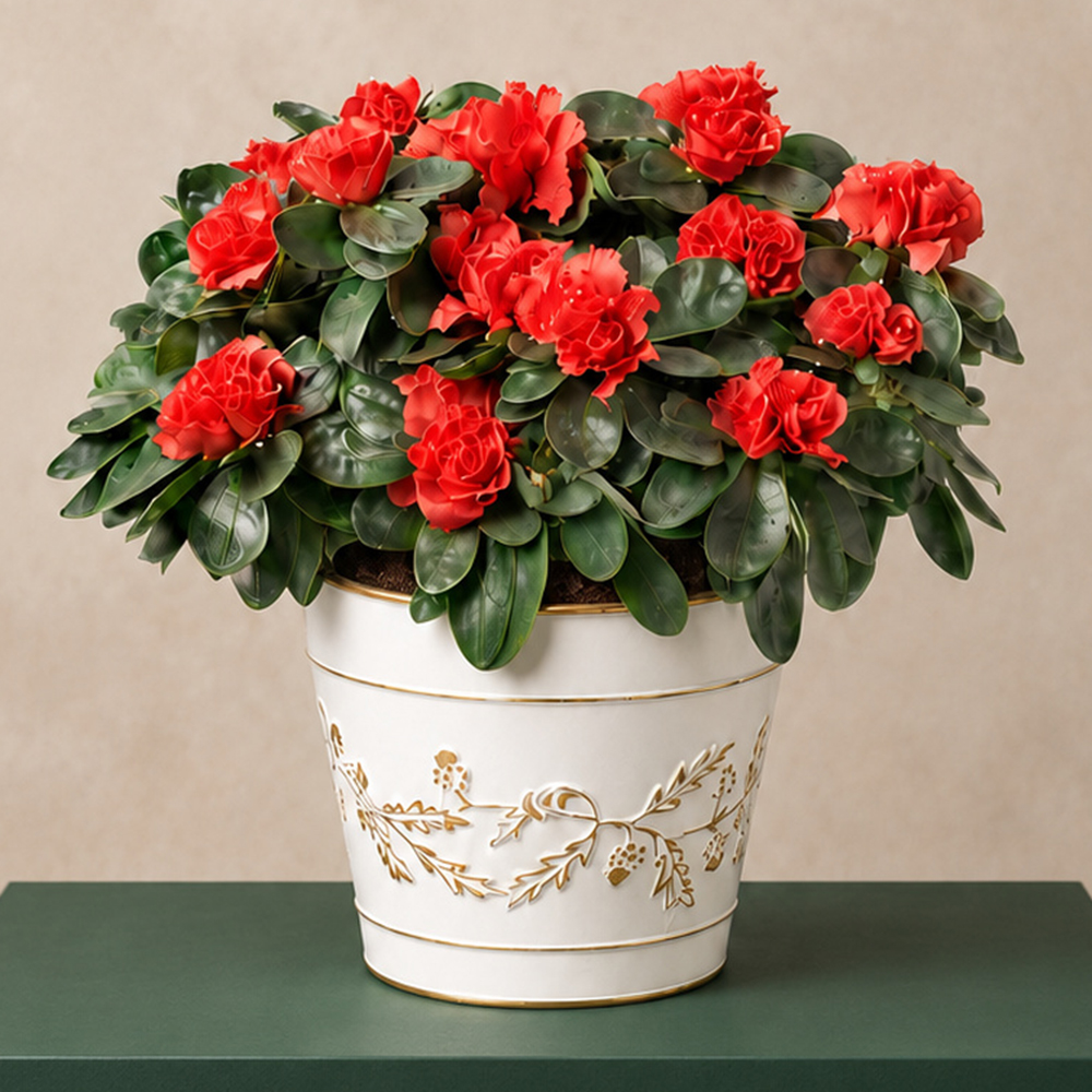 Photograph 1 of Red Azalea in Cream Zinc Pot